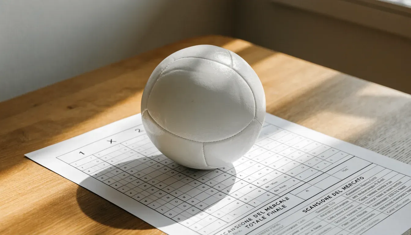 Un pallone da calcio appoggiato su una schedina bianca su un tavolo di legno, alla luce del giorno
