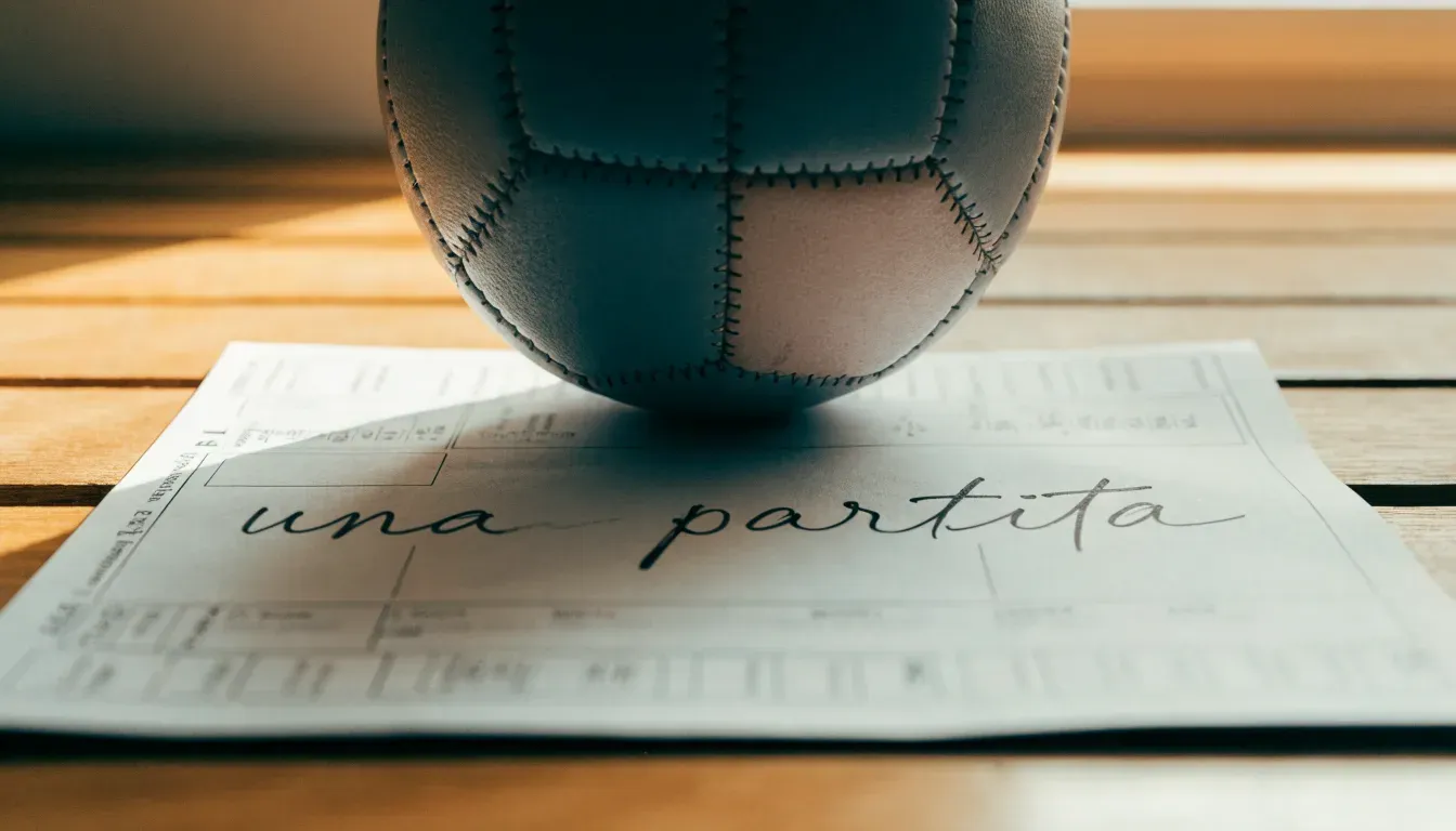 Un pallone da calcio appoggiato su una schedina bianca su un tavolo di legno, alla luce del giorno