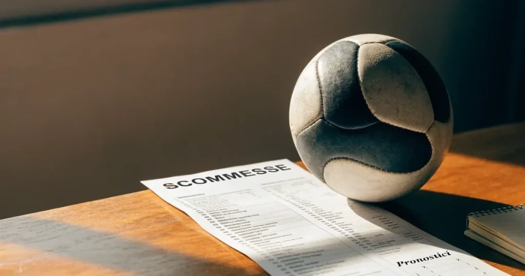 Un pallone da calcio appoggiato su una schedina bianca su un tavolo di legno, alla luce del giorno