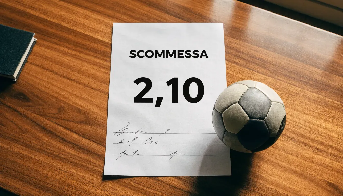 Un pallone da calcio appoggiato su una schedina bianca su un tavolo di legno, alla luce del giorno