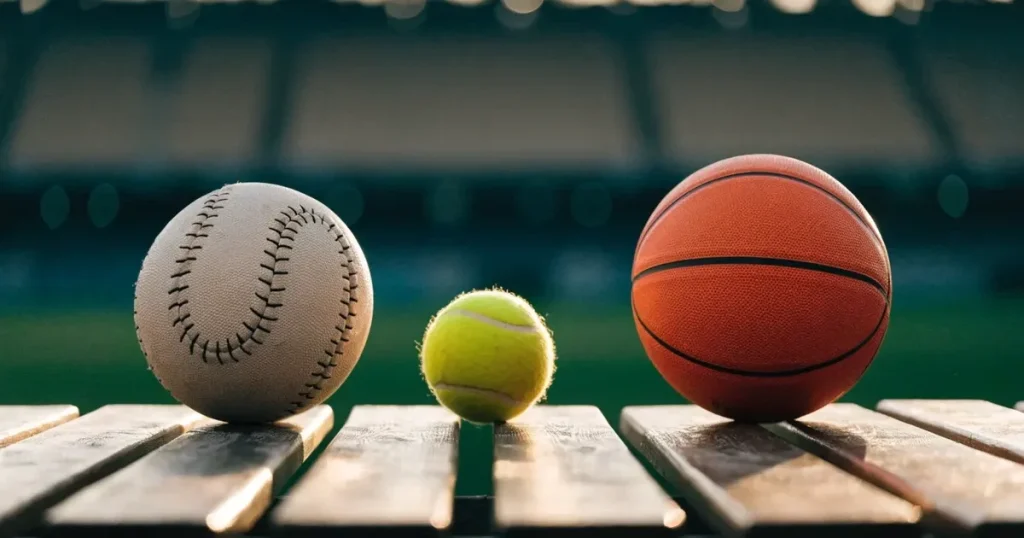 Tre palloni di sport diversi allineati uno accanto all'altro su una panca di legno