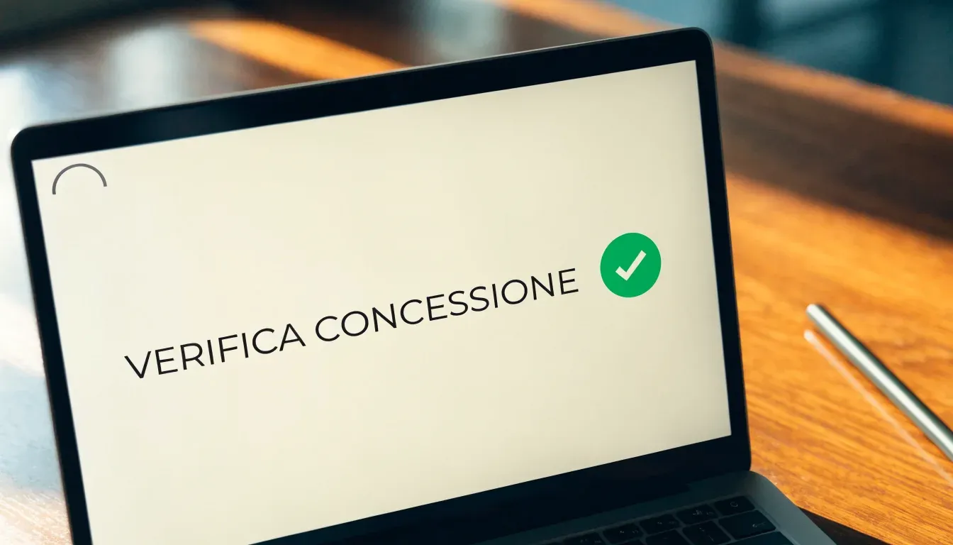 Un foglio di concessione in carta con un timbro rosso, appoggiato su una scrivania di legno accanto a una penna