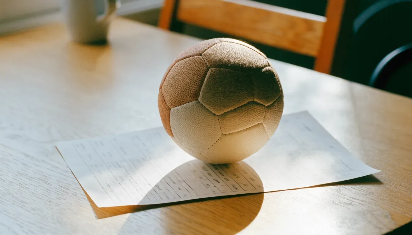 Un pallone da calcio appoggiato su una schedina bianca su un tavolo di legno, alla luce del giorno