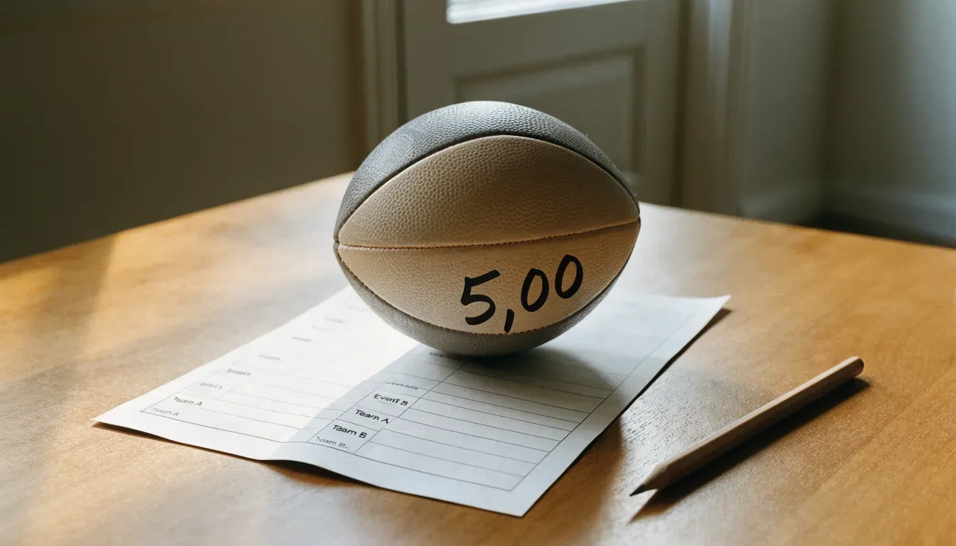Un pallone da calcio appoggiato su una schedina bianca su un tavolo di legno, alla luce del giorno