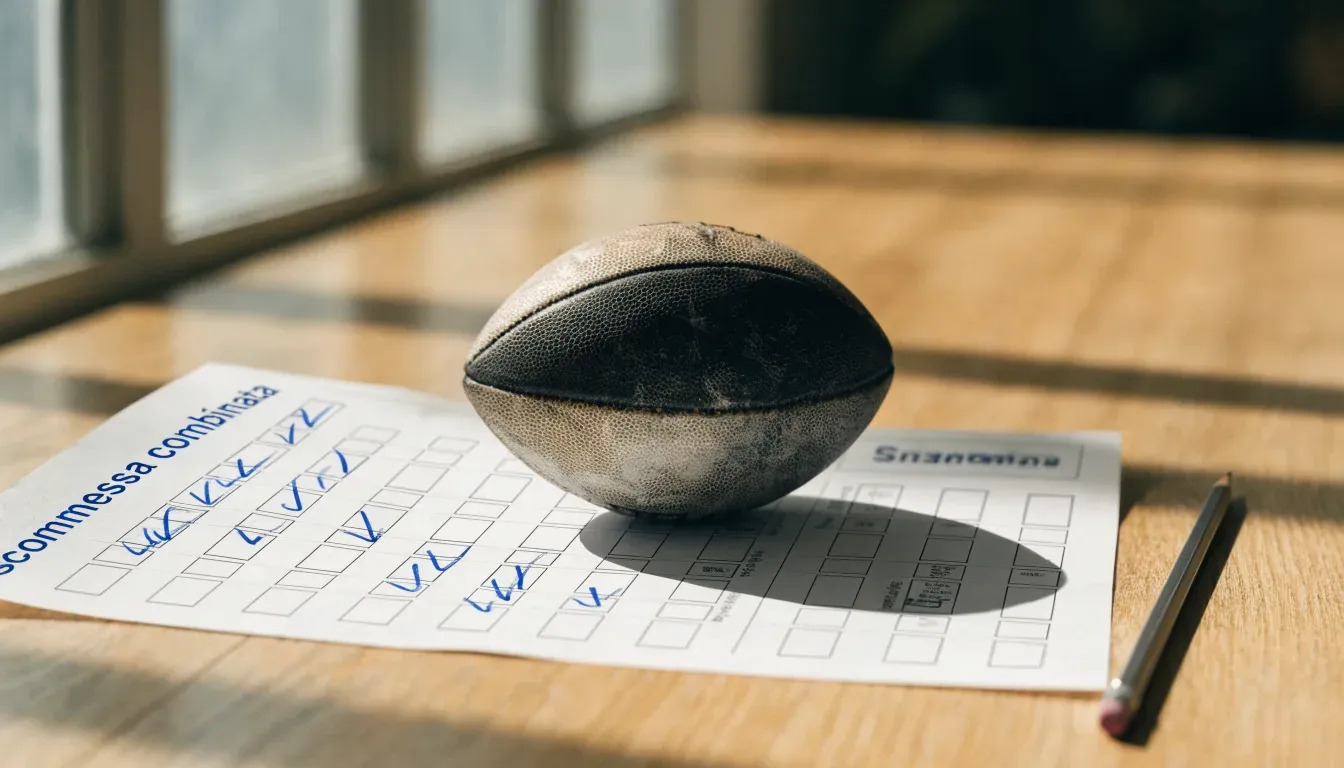 Un pallone da calcio appoggiato su una schedina bianca su un tavolo di legno, alla luce del giorno