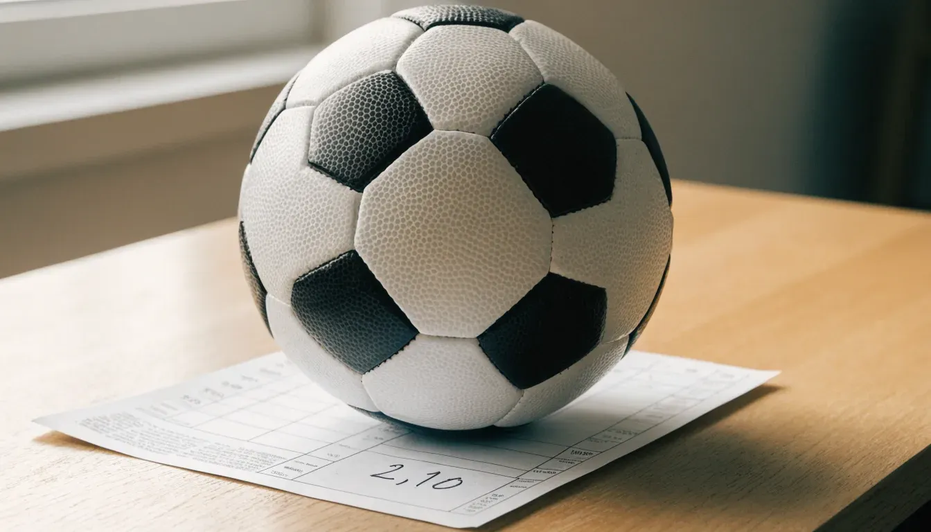 Un pallone da calcio appoggiato su una schedina bianca su un tavolo di legno, alla luce del giorno