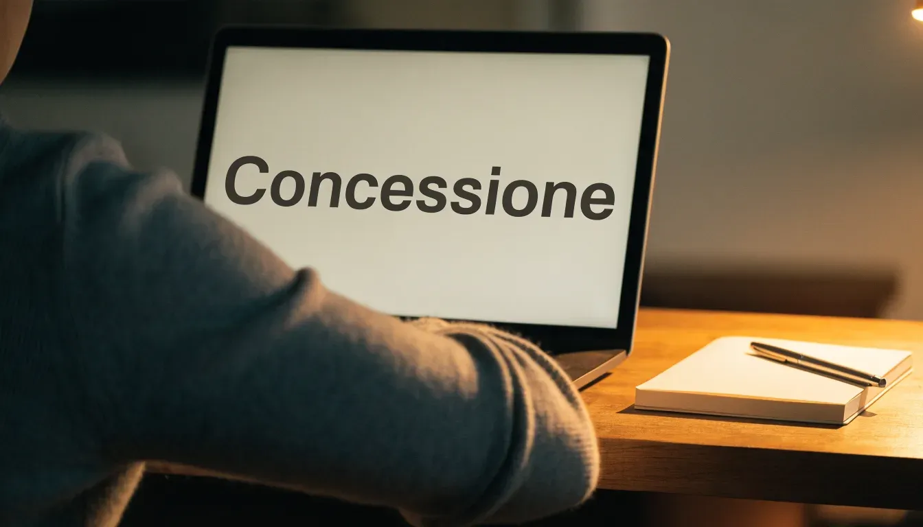 Un foglio di concessione in carta con un timbro rosso, appoggiato su una scrivania di legno accanto a una penna