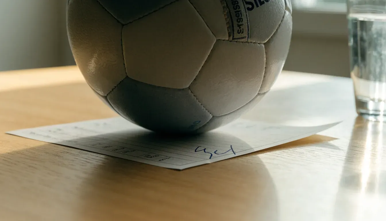 Un pallone da calcio appoggiato su una schedina bianca su un tavolo di legno, alla luce del giorno