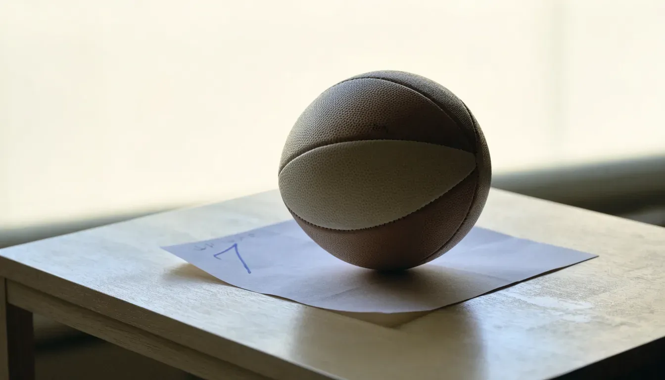 Un pallone da calcio appoggiato su una schedina bianca su un tavolo di legno, alla luce del giorno