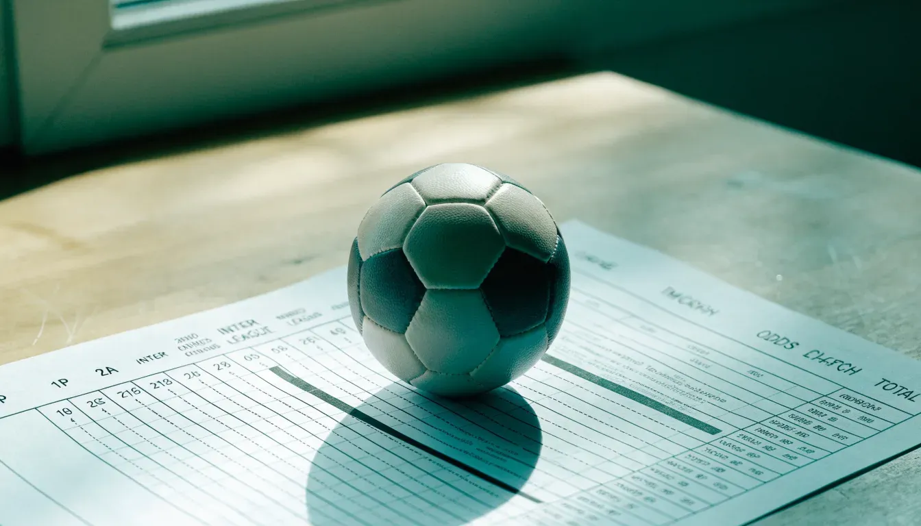 Un pallone da calcio appoggiato su una schedina bianca su un tavolo di legno, alla luce del giorno