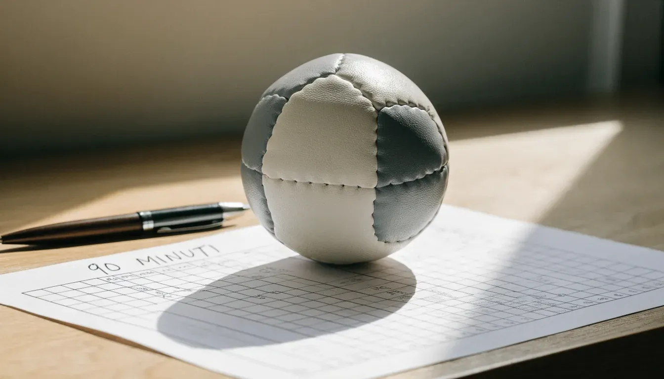 Un pallone da calcio appoggiato su una schedina bianca su un tavolo di legno, alla luce del giorno