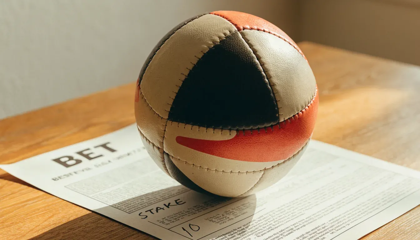 Un pallone da calcio appoggiato su una schedina bianca su un tavolo di legno, alla luce del giorno