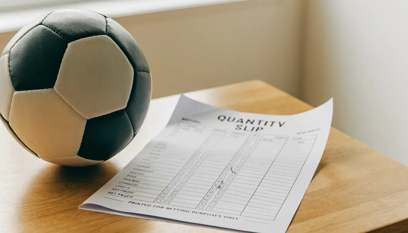 Un pallone da calcio appoggiato su una schedina bianca su un tavolo di legno, alla luce del giorno