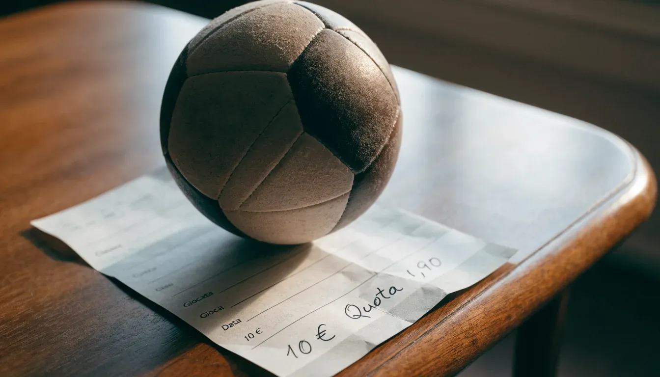Un pallone da calcio appoggiato su una schedina bianca su un tavolo di legno, alla luce del giorno