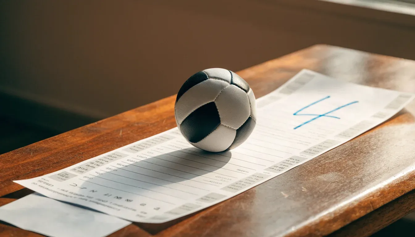 Un pallone da calcio appoggiato su una schedina bianca su un tavolo di legno, alla luce del giorno