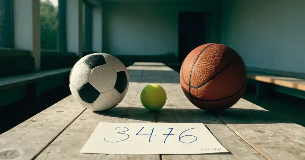 Tre palloni di sport diversi allineati uno accanto all'altro su una panca di legno