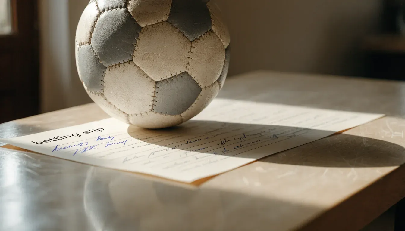 Un pallone da calcio appoggiato su una schedina bianca su un tavolo di legno, alla luce del giorno