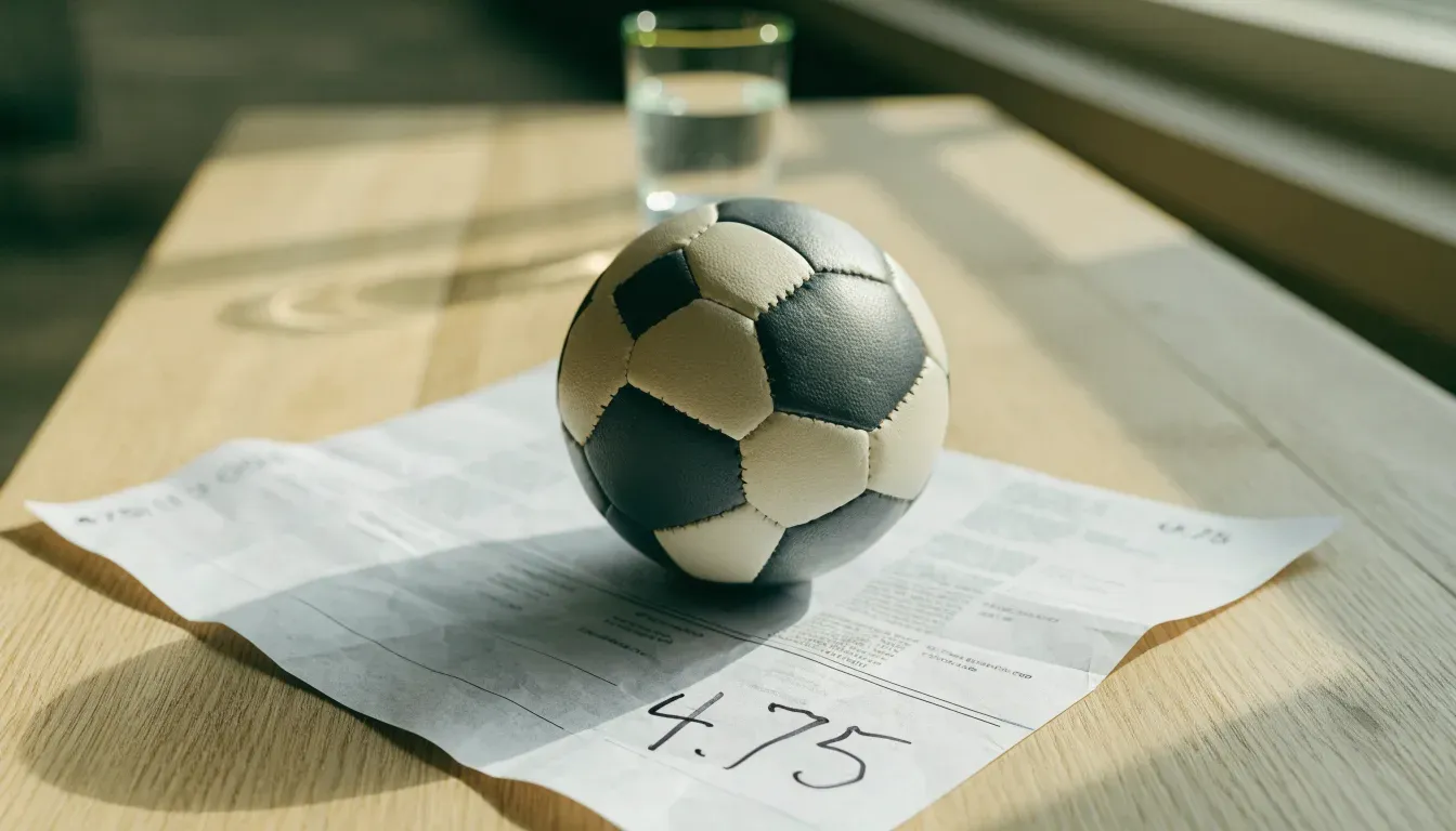 Un pallone da calcio appoggiato su una schedina bianca su un tavolo di legno, alla luce del giorno