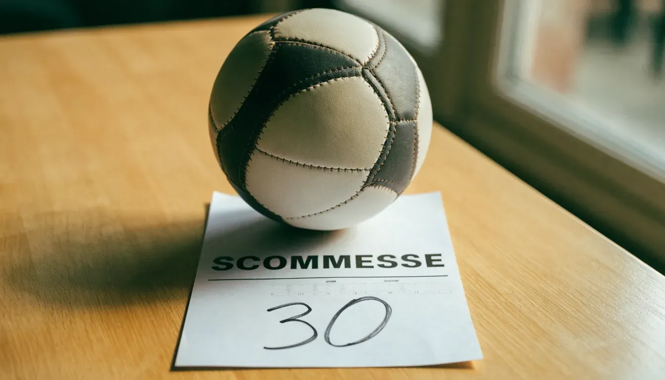 Un pallone da calcio appoggiato su una schedina bianca su un tavolo di legno, alla luce del giorno