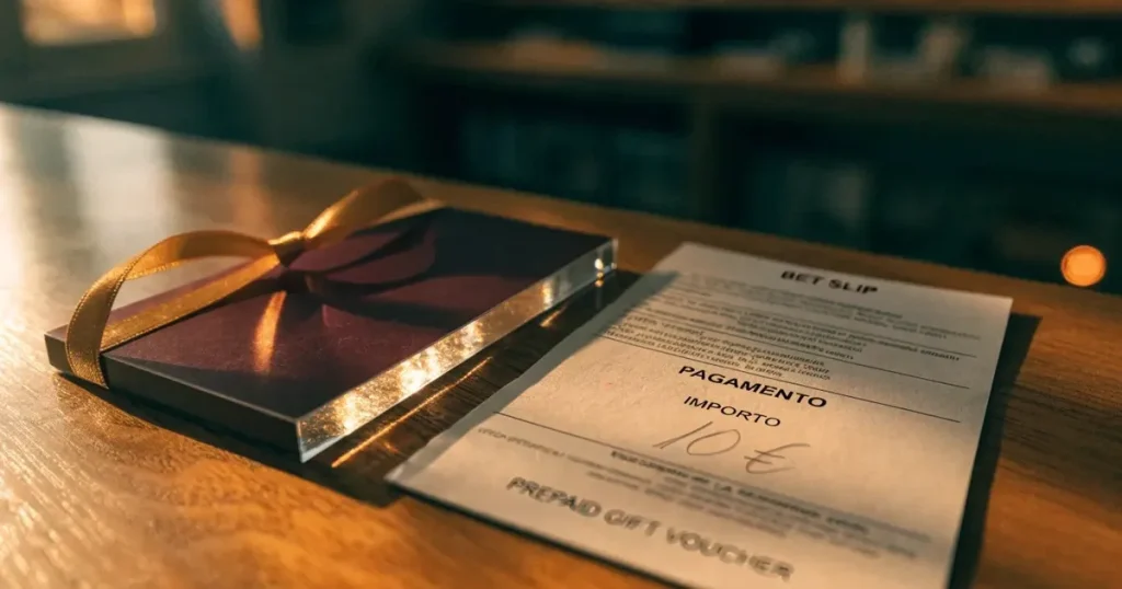 Un biglietto regalo con un nastro dorato accanto a una schedina su un bancone di legno
