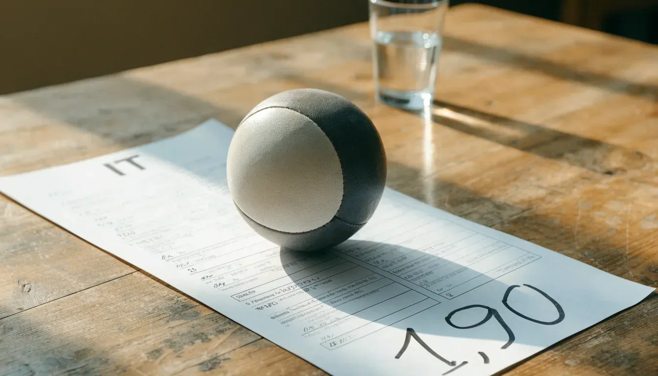 Un pallone da calcio appoggiato su una schedina bianca su un tavolo di legno, alla luce del giorno