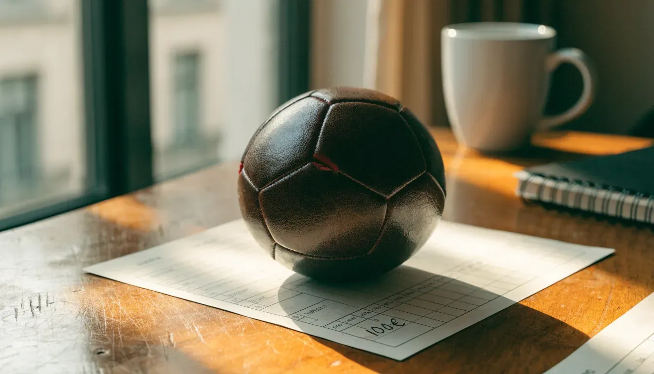 Un pallone da calcio appoggiato su una schedina bianca su un tavolo di legno, alla luce del giorno