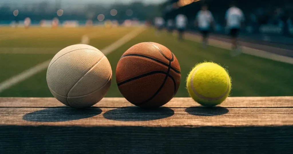 Tre palloni di sport diversi allineati uno accanto all'altro su una panca di legno