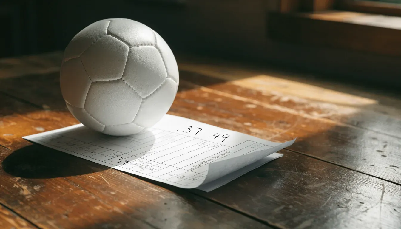 Un pallone da calcio appoggiato su una schedina bianca su un tavolo di legno, alla luce del giorno