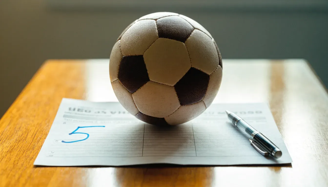 Un pallone da calcio appoggiato su una schedina bianca su un tavolo di legno, alla luce del giorno