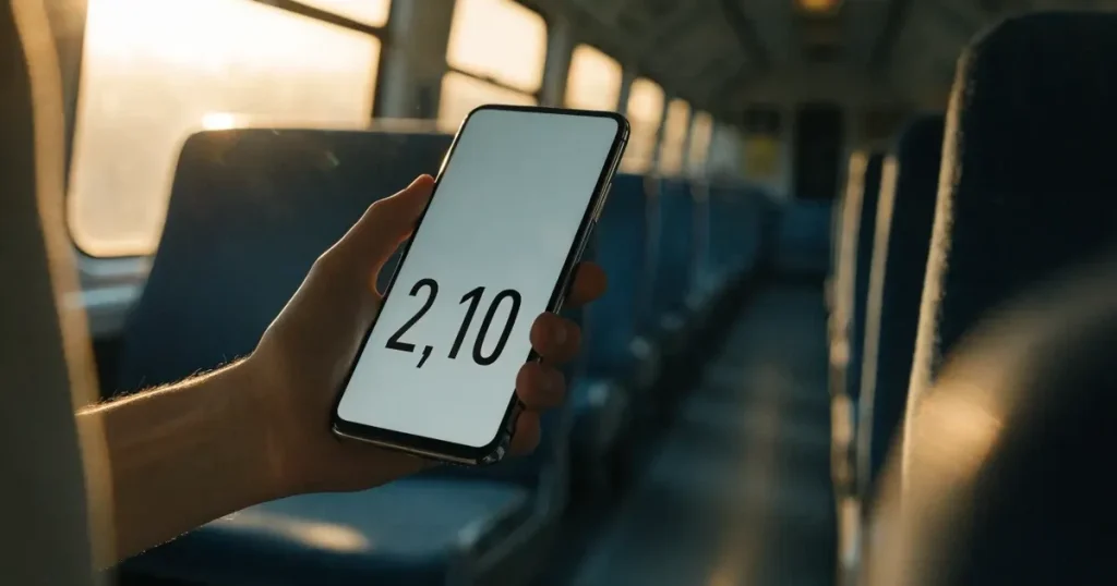Una mano che tiene uno smartphone con una scommessa sullo schermo, su un treno nel tardo pomeriggio