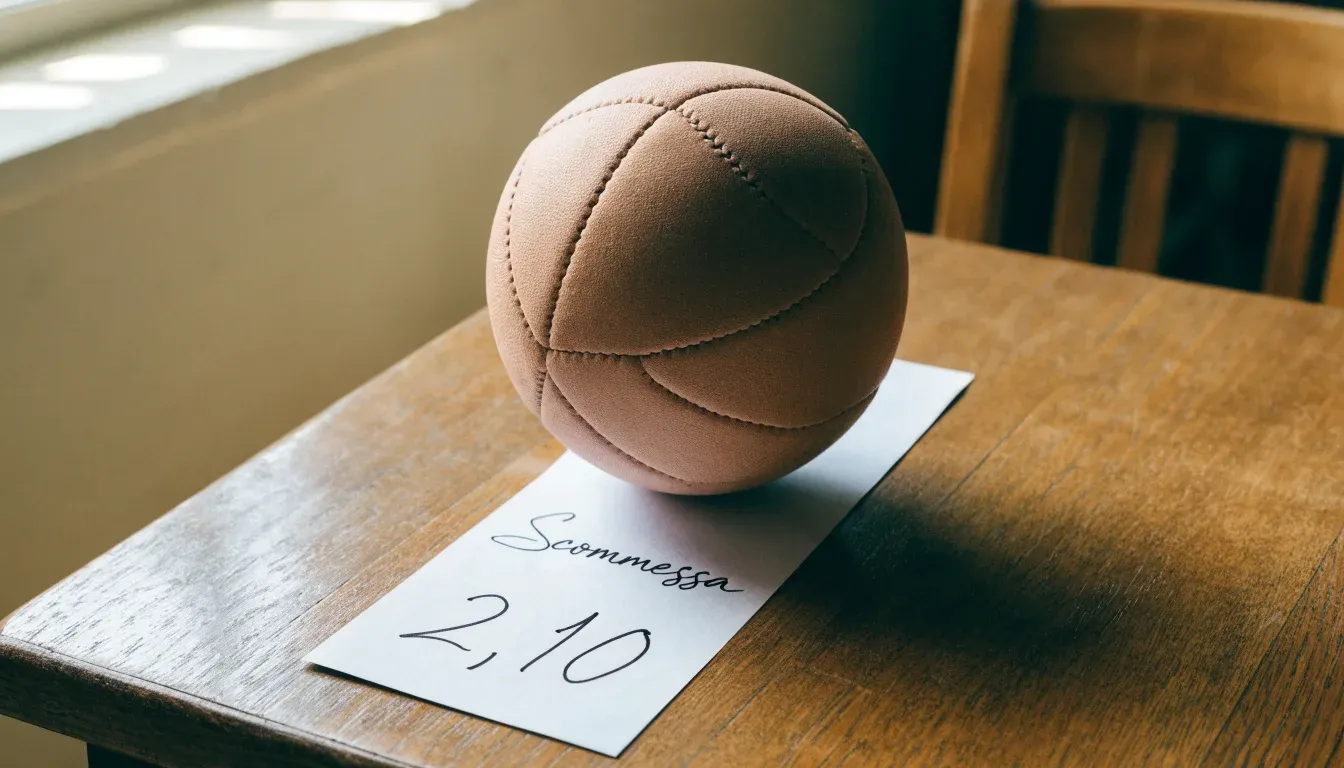 Un pallone da calcio appoggiato su una schedina bianca su un tavolo di legno, alla luce del giorno