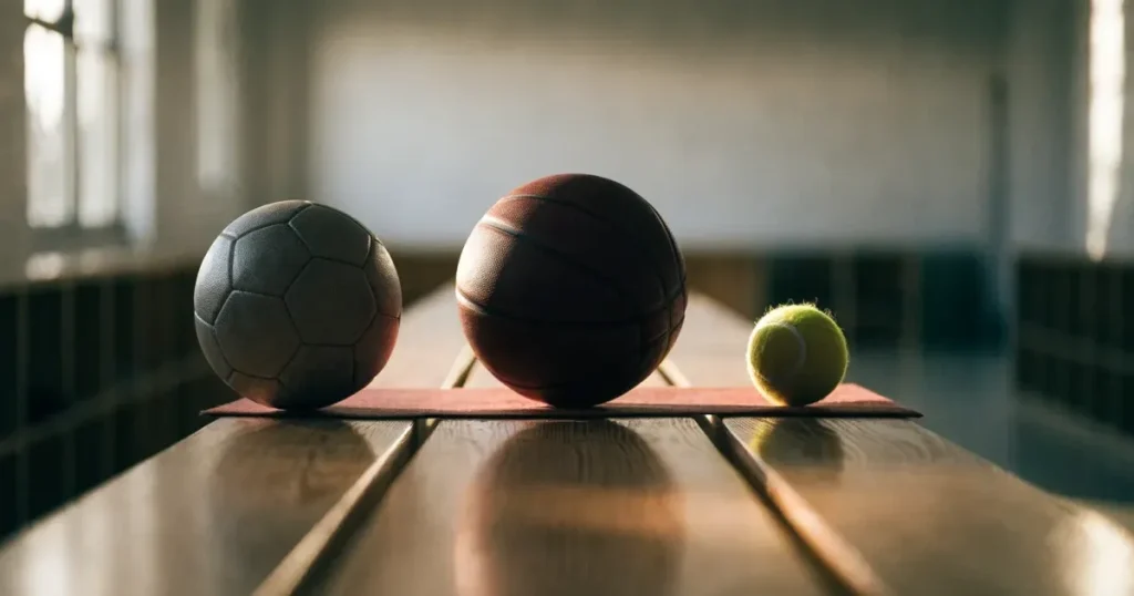 Tre palloni di sport diversi allineati uno accanto all'altro su una panca di legno