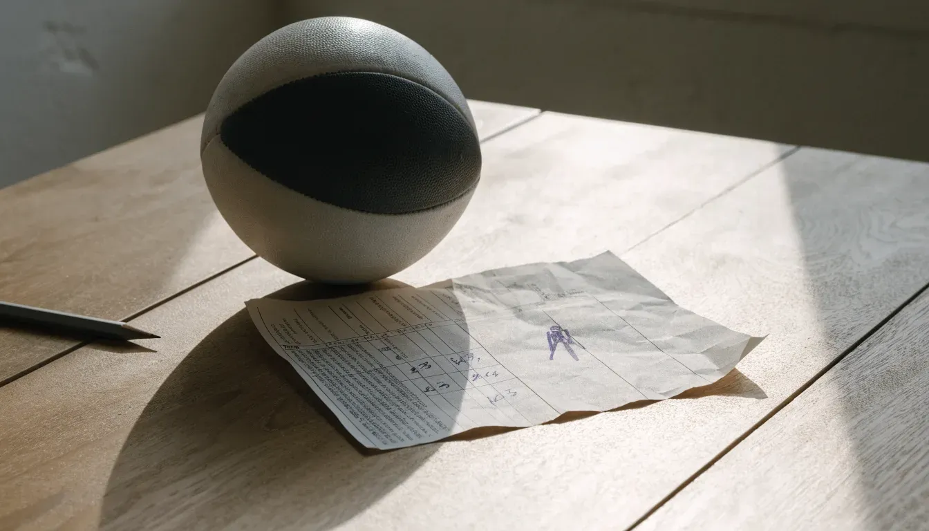 Un pallone da calcio appoggiato su una schedina bianca su un tavolo di legno, alla luce del giorno