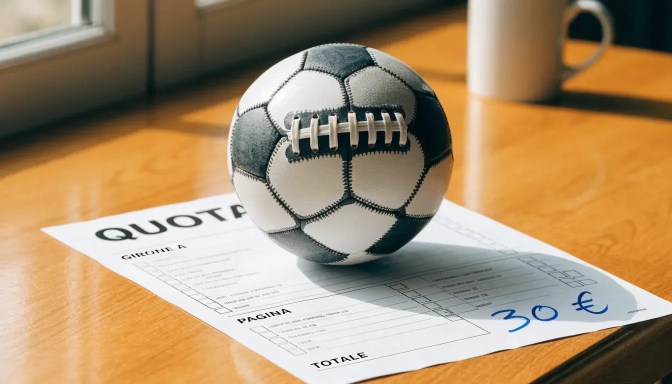 Un pallone da calcio appoggiato su una schedina bianca su un tavolo di legno, alla luce del giorno