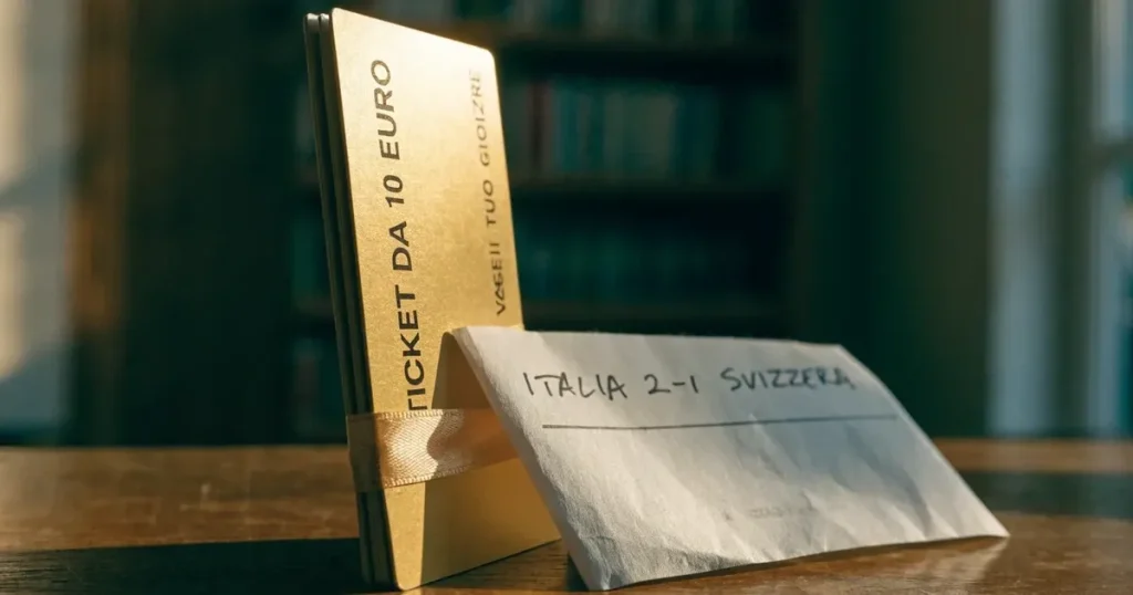 Un biglietto regalo con un nastro dorato accanto a una schedina su un bancone di legno