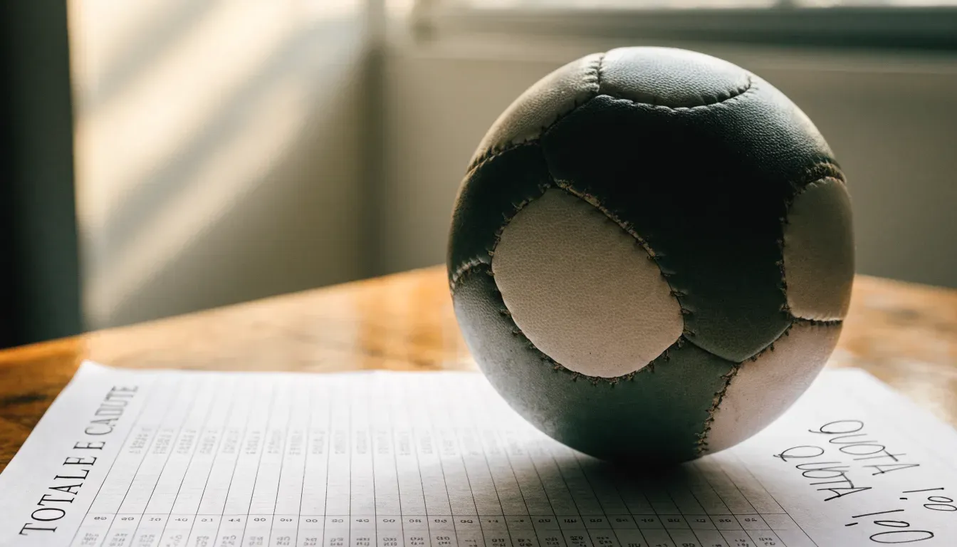 Un pallone da calcio appoggiato su una schedina bianca su un tavolo di legno, alla luce del giorno