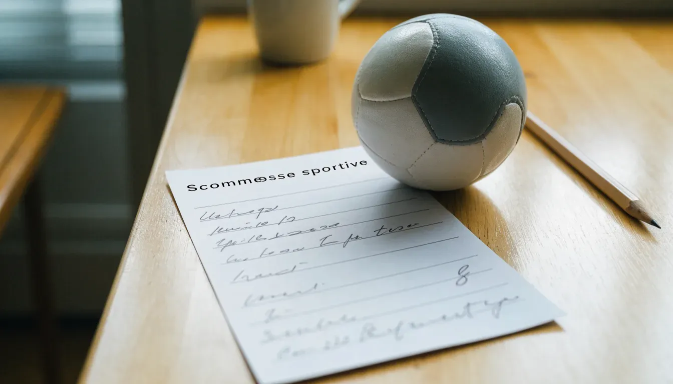Un pallone da calcio appoggiato su una schedina bianca su un tavolo di legno, alla luce del giorno