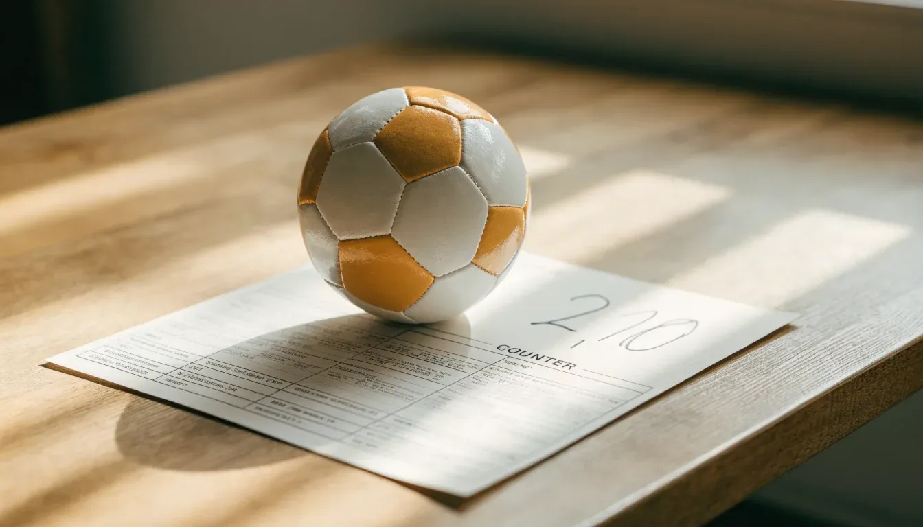 Un pallone da calcio appoggiato su una schedina bianca su un tavolo di legno, alla luce del giorno