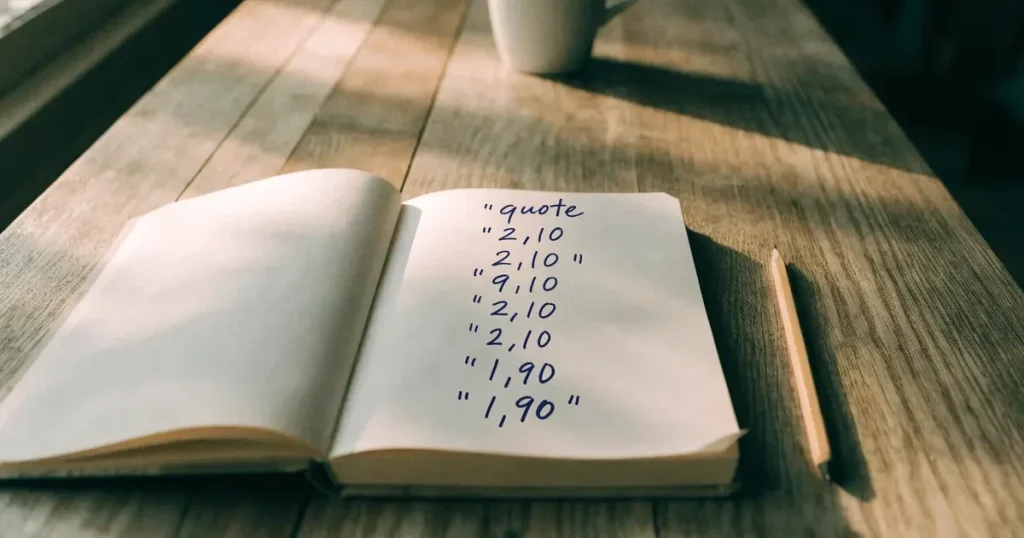 Un quaderno aperto con quote scritte a mano, una calcolatrice e una matita su un tavolo di legno