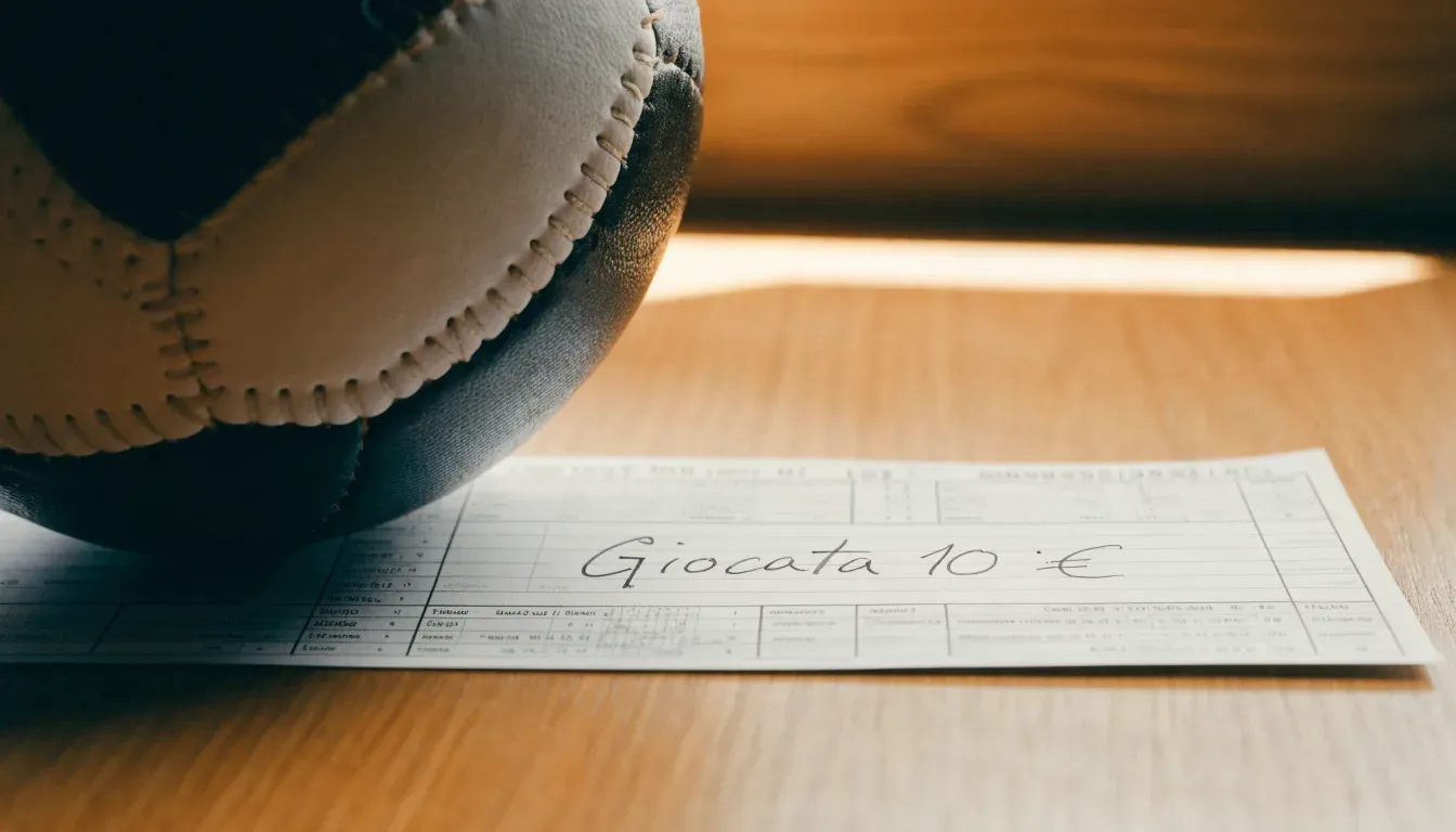 Un pallone da calcio appoggiato su una schedina bianca su un tavolo di legno, alla luce del giorno
