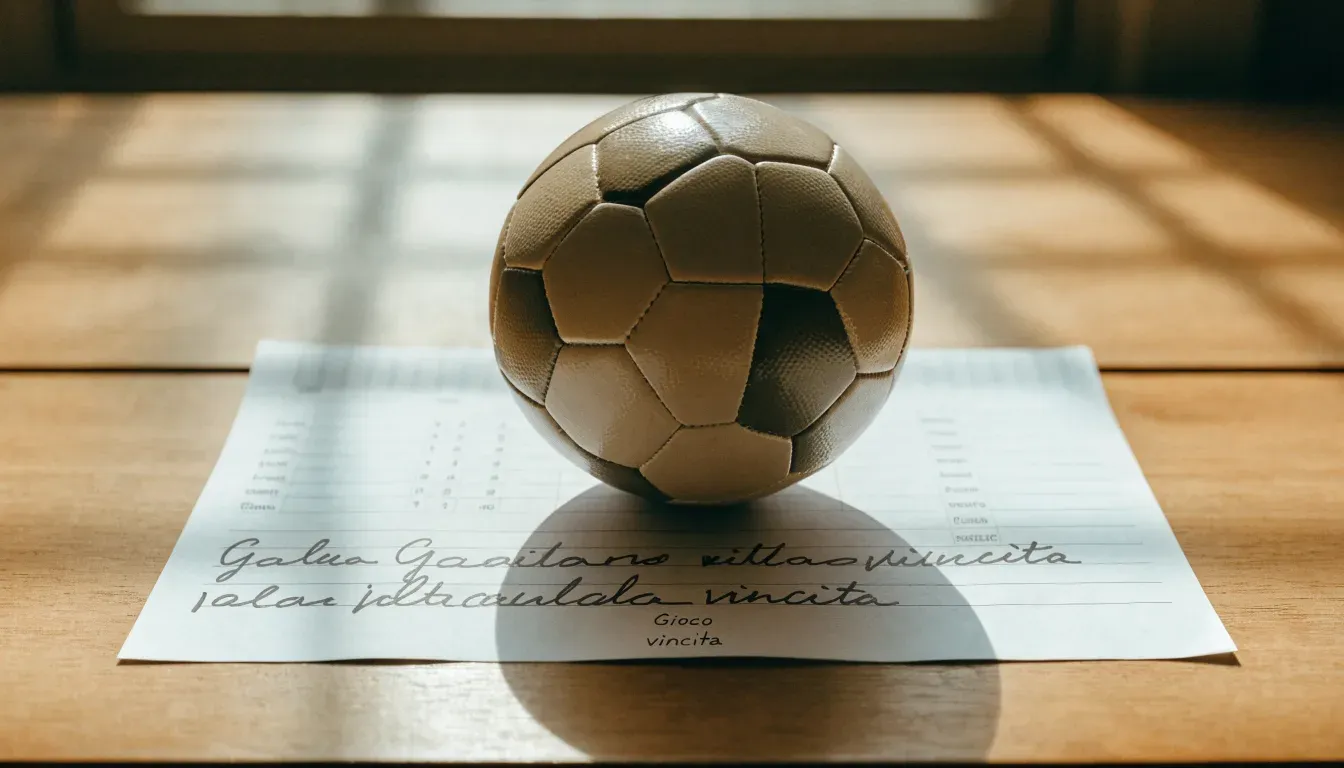 Un pallone da calcio appoggiato su una schedina bianca su un tavolo di legno, alla luce del giorno