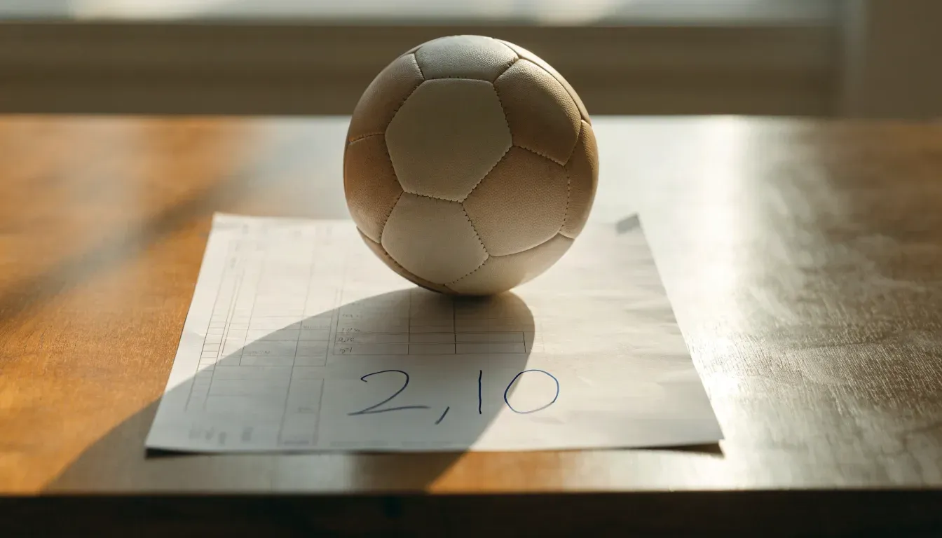Un pallone da calcio appoggiato su una schedina bianca su un tavolo di legno, alla luce del giorno