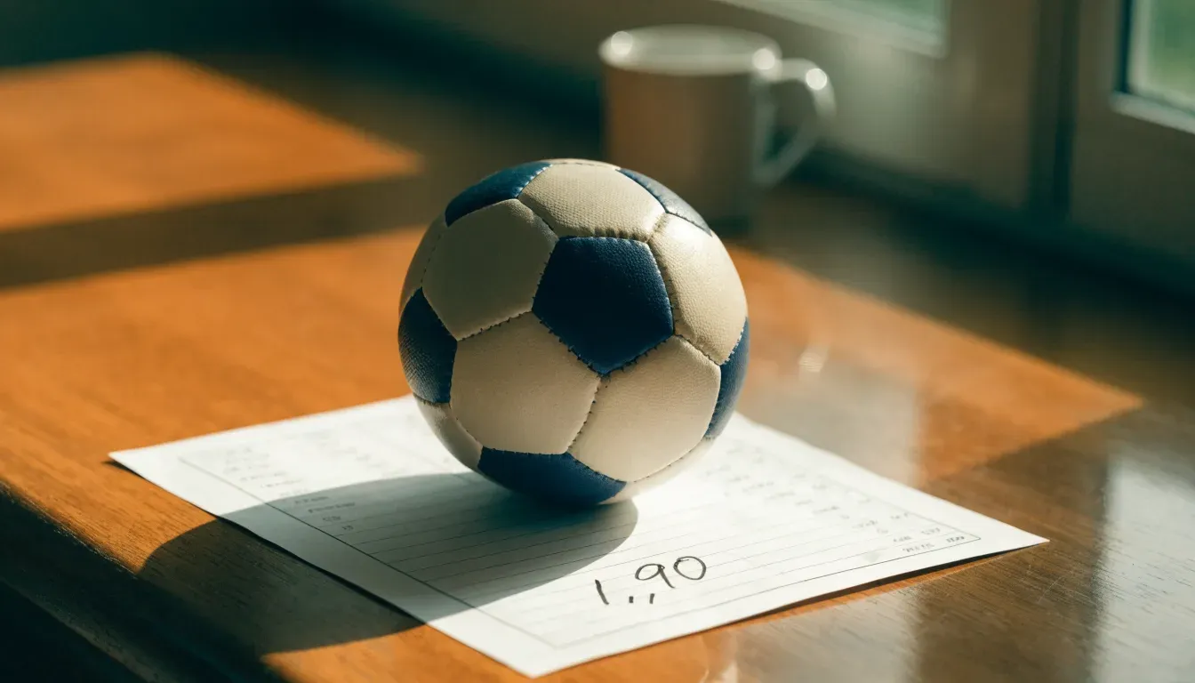 Un pallone da calcio appoggiato su una schedina bianca su un tavolo di legno, alla luce del giorno