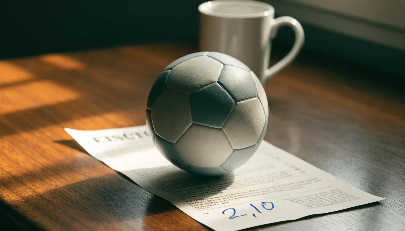 Un pallone da calcio appoggiato su una schedina bianca su un tavolo di legno, alla luce del giorno