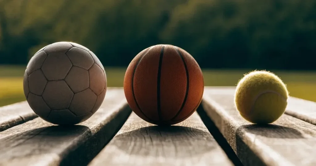 Tre palloni di sport diversi allineati uno accanto all'altro su una panca di legno