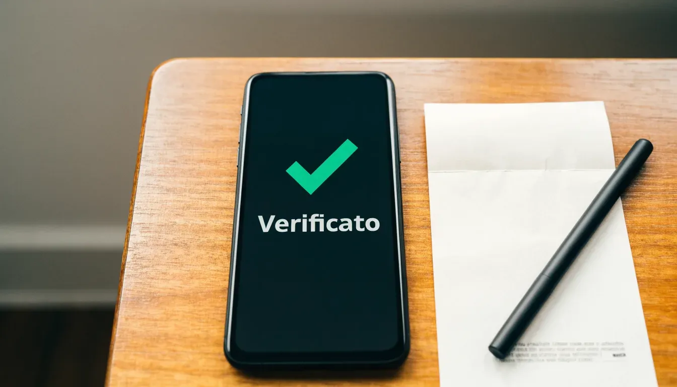 Un foglio di concessione in carta con un timbro rosso, appoggiato su una scrivania di legno accanto a una penna