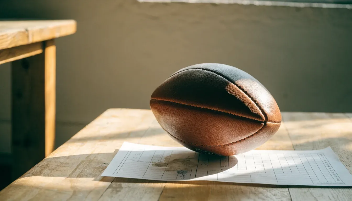 Un pallone da calcio appoggiato su una schedina bianca su un tavolo di legno, alla luce del giorno