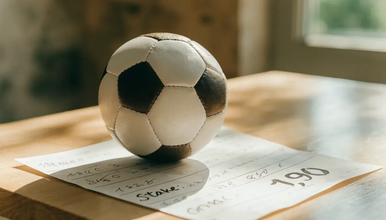 Un pallone da calcio appoggiato su una schedina bianca su un tavolo di legno, alla luce del giorno