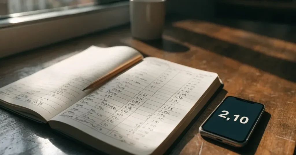 Un quaderno aperto con quote scritte a mano, una calcolatrice e una matita su un tavolo di legno