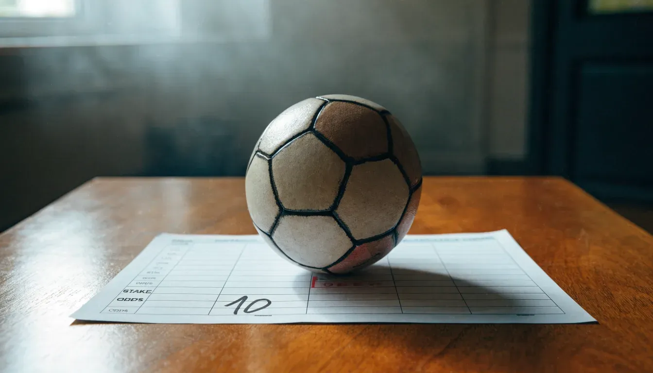 Un pallone da calcio appoggiato su una schedina bianca su un tavolo di legno, alla luce del giorno